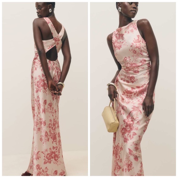 Reformation Anaiis Pink Floral Silk Maxi Dress Cameo Rose Print Size 10 - Picture 1 of 10